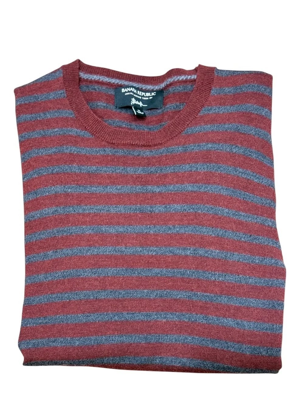 Banana Republic Men's Red & Gray Striped Crewneck Preppy Sweater
